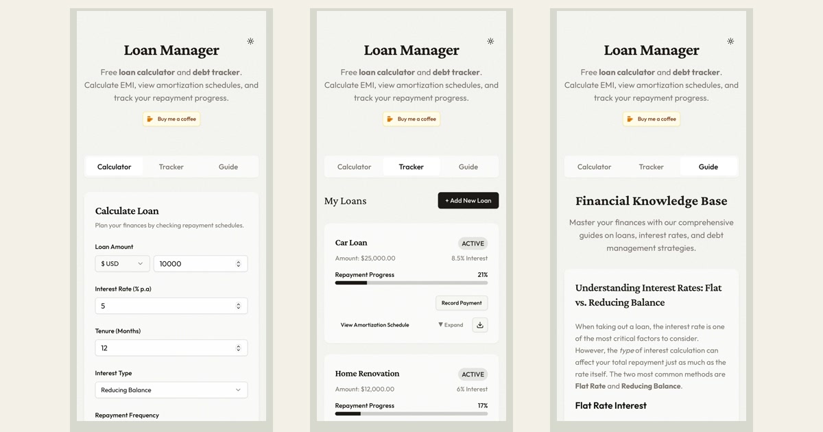 Loan Manager calculator, repayment tracker, and financial guide