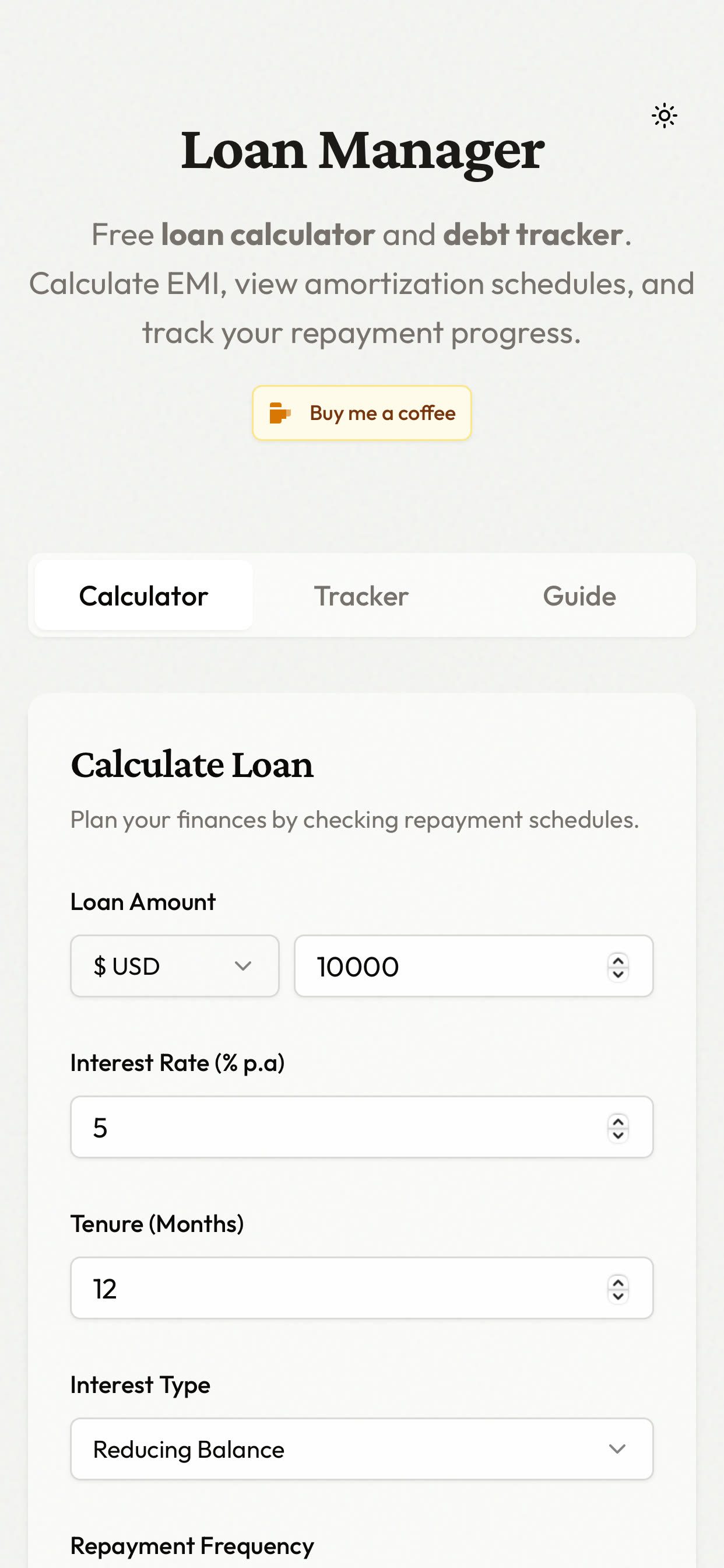 Loan Manager calculator with loan amount, interest rate, tenure, and repayment controls