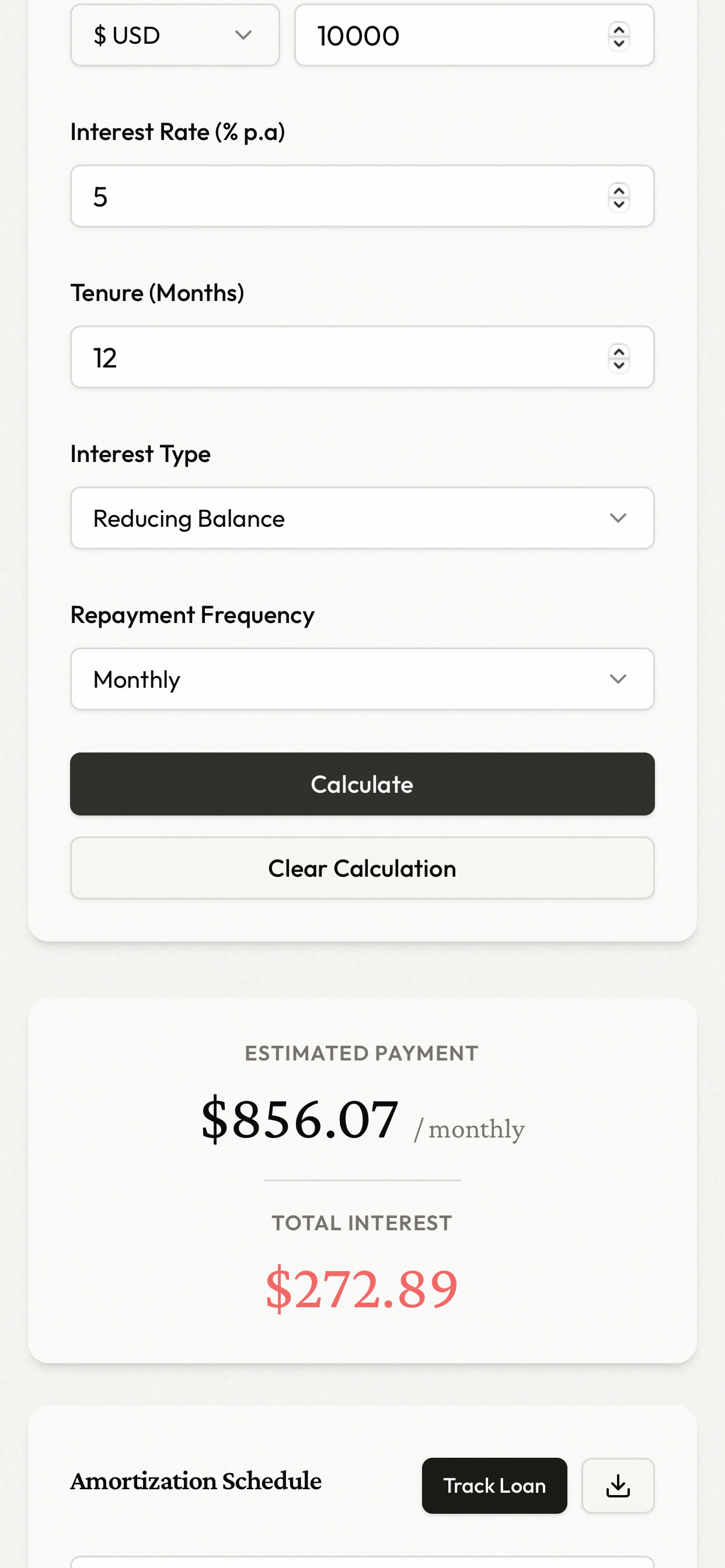 Loan Manager calculation results showing estimated payment and total interest