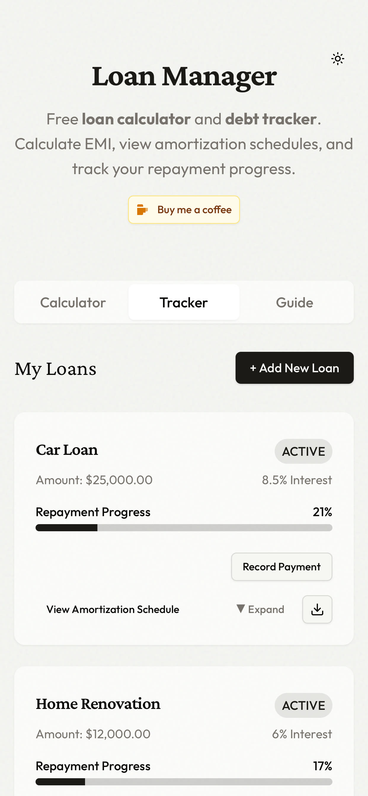 Loan Manager tracker showing active loans and repayment progress