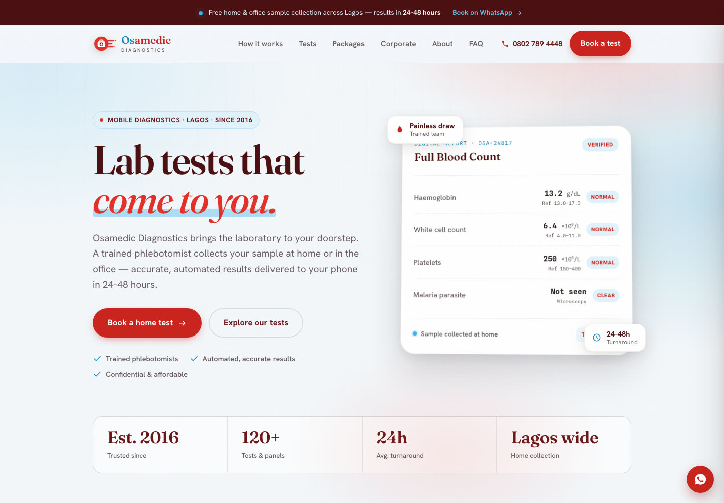 Desktop view of the Osamedic Diagnostics homepage