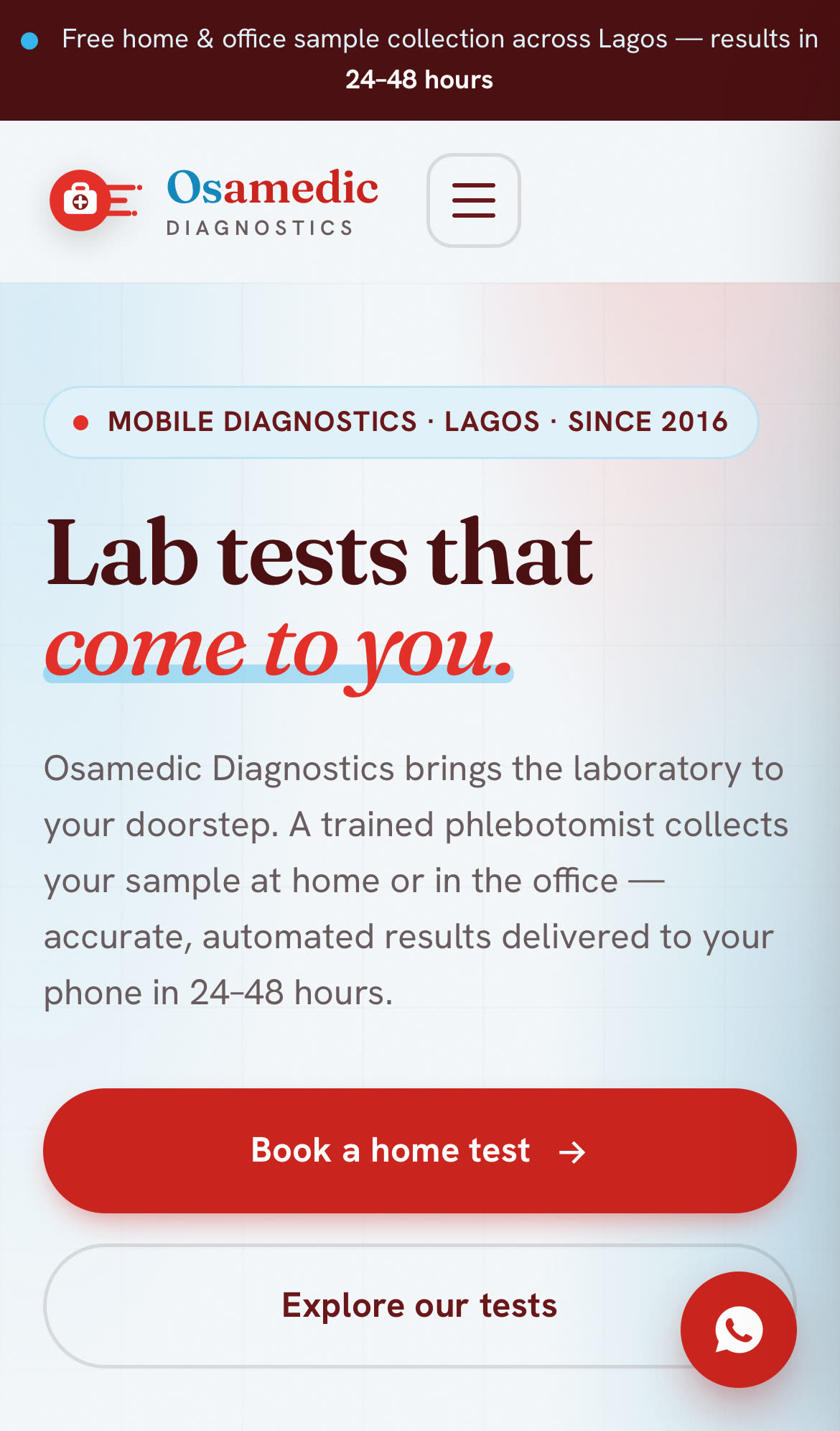 Mobile view of the Osamedic Diagnostics homepage